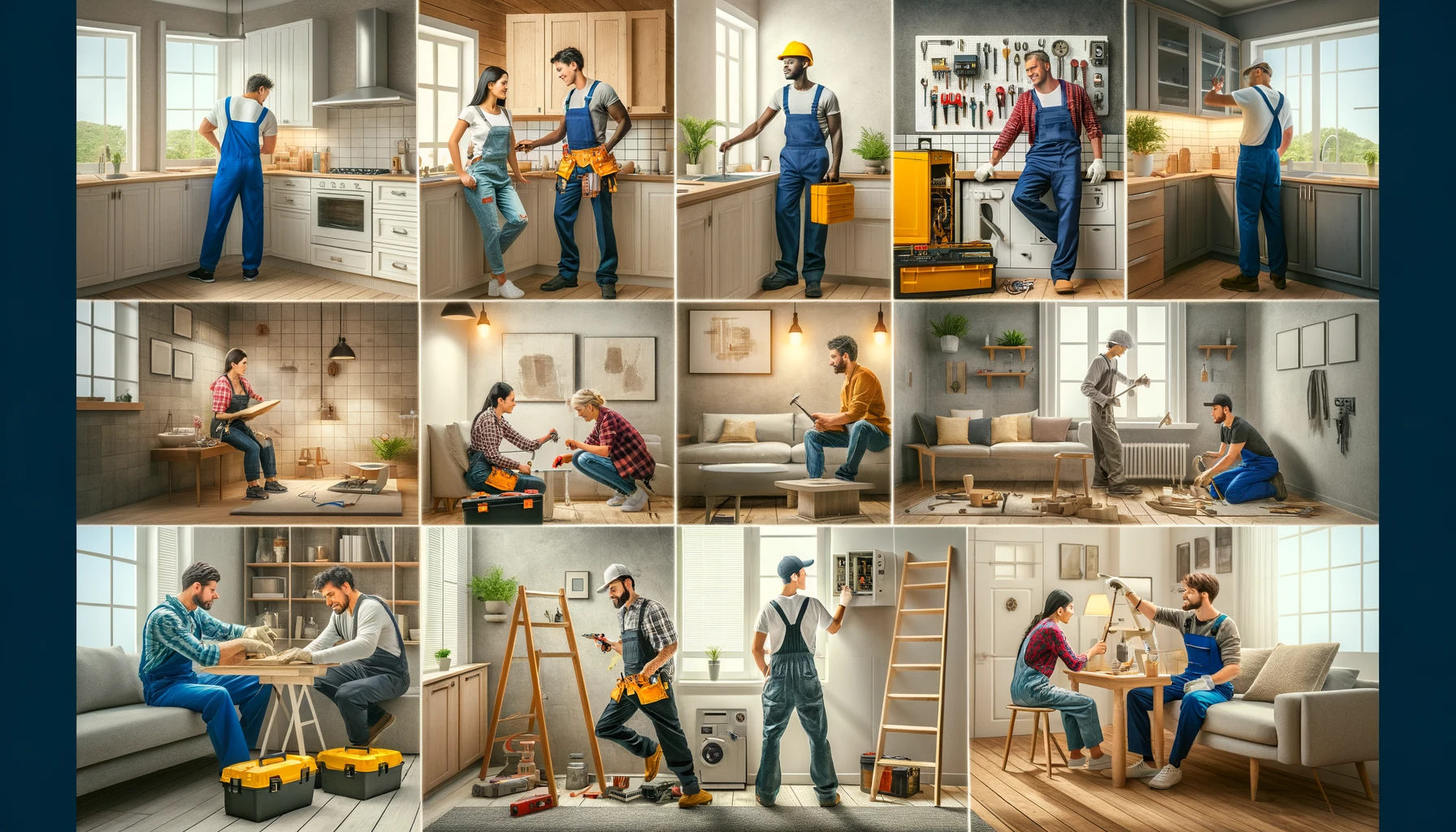 A dynamic depiction of diverse home service professionals, including a plumber, electrician, carpenter, and painter in a modern home.